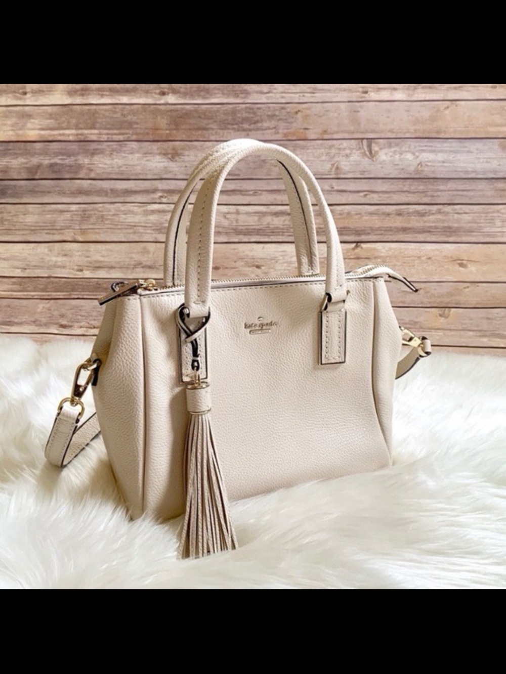 kate spade Cream Pebbled Leather Satchel with Tassel